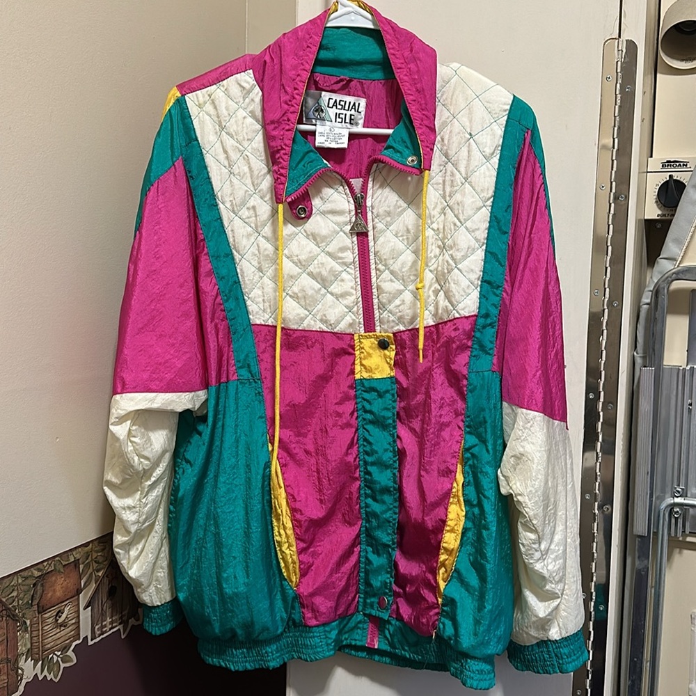 Vintage women’s windbreaker size Large  fun for retro party pink green white